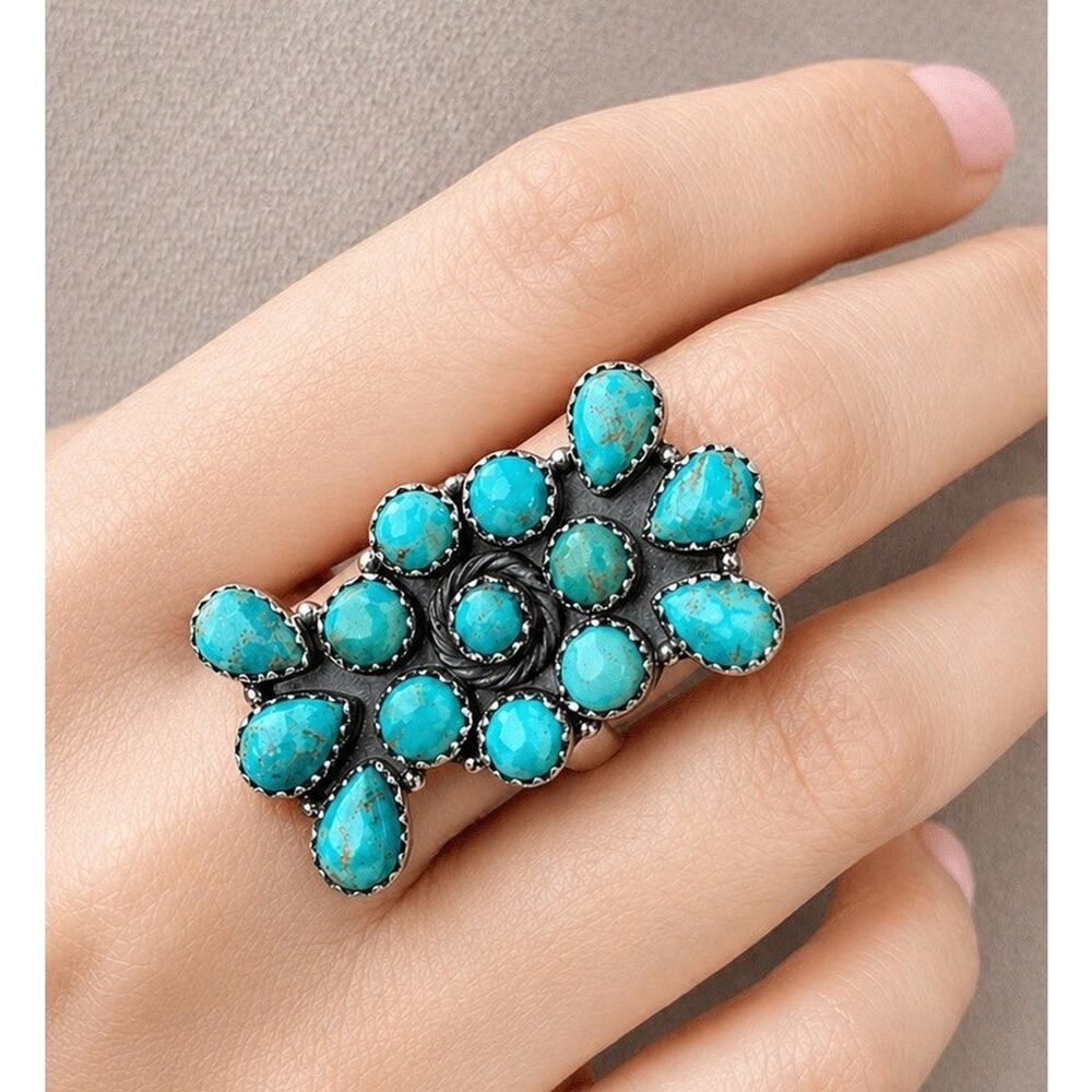 Turquoise Cluster Ring Sterling Silver Native Style Southwest Adjustable Long